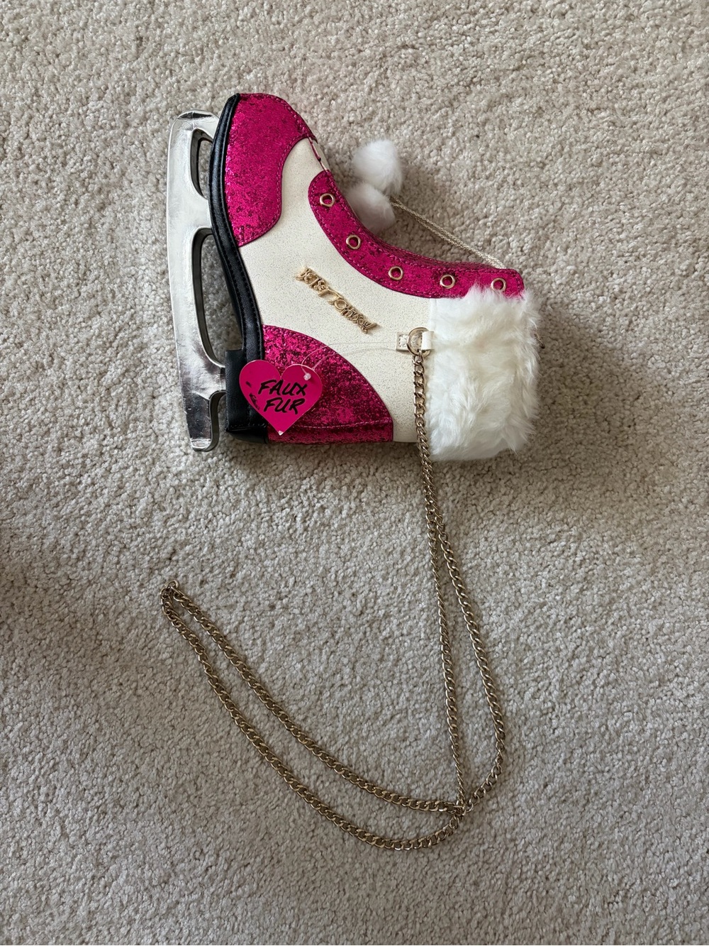 Betsey Johnson Pink White Faux Fur Ice Skate Crossbody Bag